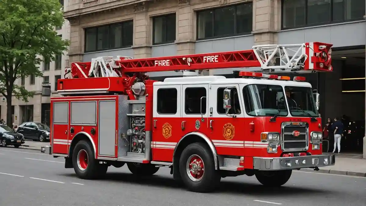 What is the vehicle with a red body and a long hose that arrives first at a fire?