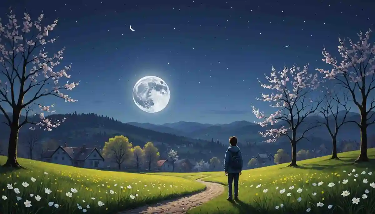 Turning around — behind me, the moon on a spring evening.