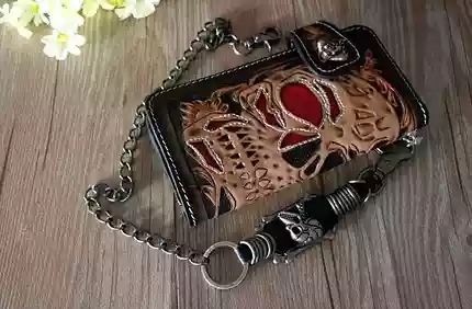 Harley-punk-rock-hand-valuable-such-handiwork-leather-carving-skull-metal-chain-long-wallet-card-tanning