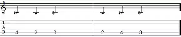 TAB譜：特定の音（主にコードトーン）をターゲットに半音でアプローチする方法