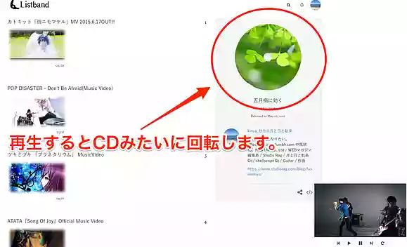再生すると丸形のプレイリストのアイコンが回転