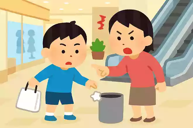ショッピングモールへかいものにいきました。ゴミをゴミ箱にすてたらおこられてしまいました。なぜでしょうか?