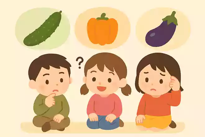 次のうち、皮が緑色の野菜はどれでしょうか?