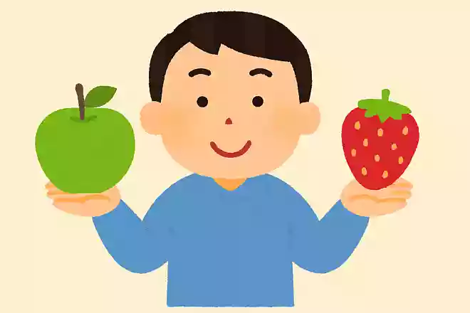 ある男性が実を2個持って立っています。この文章が表す料理はなんでしょうか?