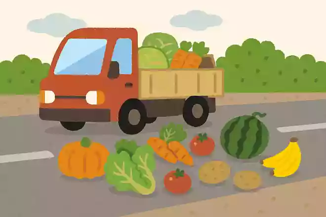 野菜や果物などの荷物を乗せたトラックが道で落としたものは何でしょうか?