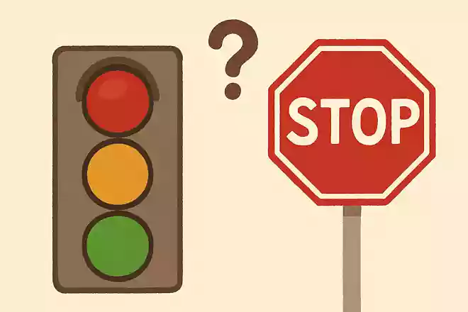 自動車用の信号機と「止まれ」の道路標識、大きいのはどっち?