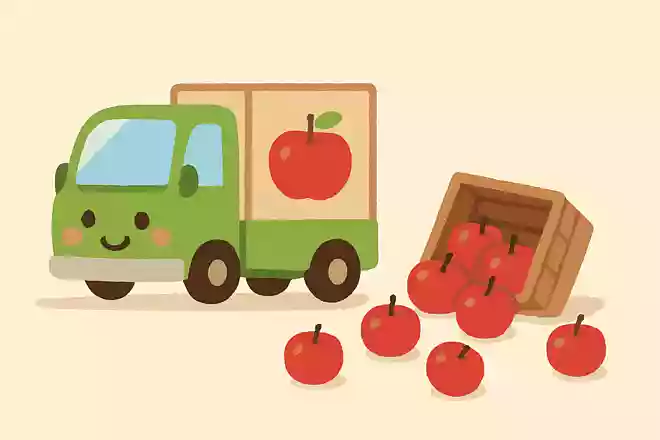 りんごをはこんでいるトラックが、いちばにつくまえになにかをおとしました。なにをおとしたでしょうか?