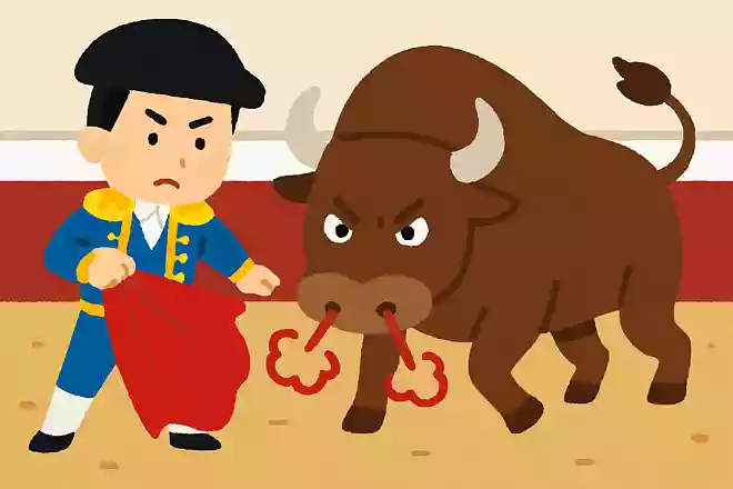 闘牛において、牛は何に反応して暴れているでしょうか?