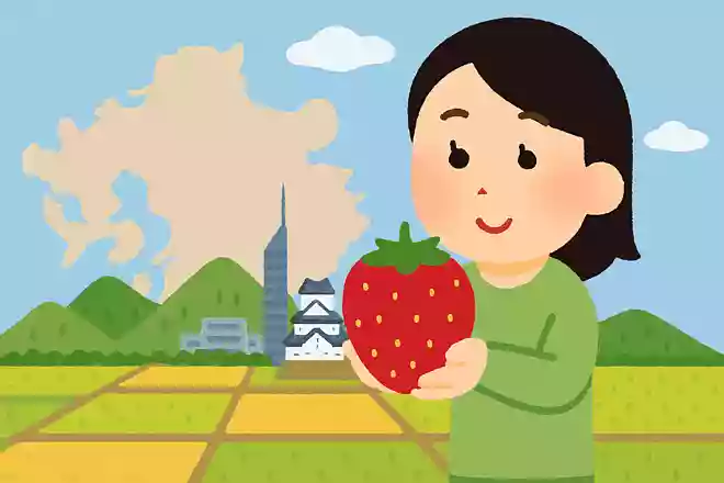 名産品「あまおう」の名前は、あかい、まるい、おおきい、うまいの頭文字からつけられた