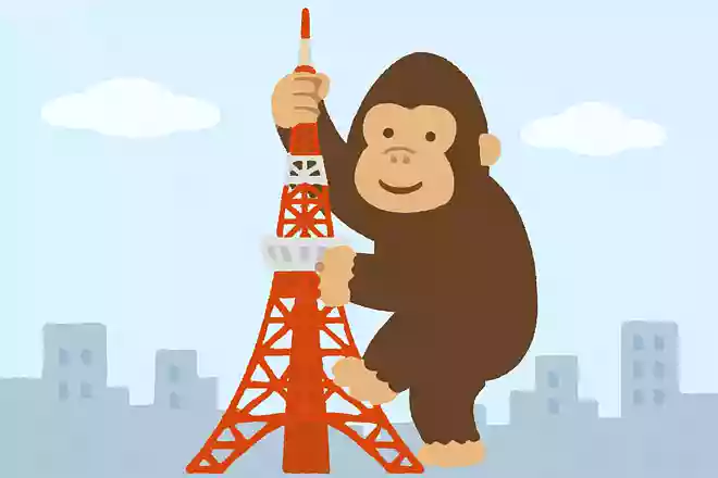 東京タワーに登るゴリラ