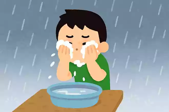 「〇が顔を洗うと雨」