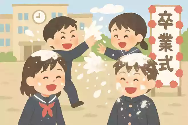 中学校の卒業式で小麦粉を投げ合う