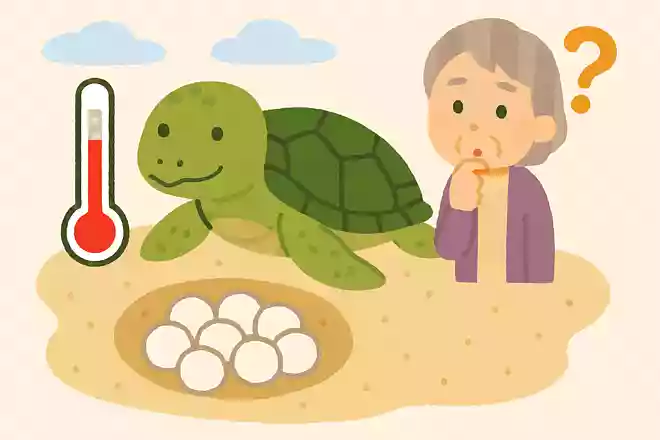 ウミガメの卵は砂の中の温度でオスメスが決まります。ちょうど良い温度だと同じ割合で生まれるとされていますが、その温度は何度でしょうか。