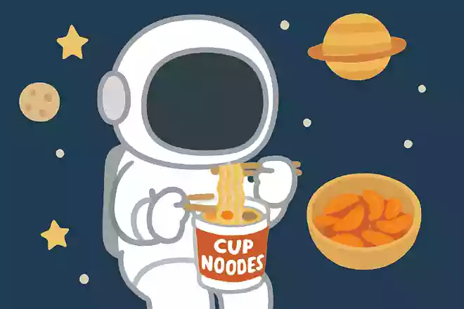 宇宙食にはカップヌードルや柿の種などがある