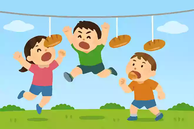 ジャンプしないと取れない高さにつるす