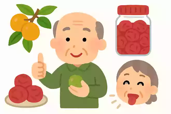 おうめの梅田さんが 植えた梅がうめえ 梅干しになった