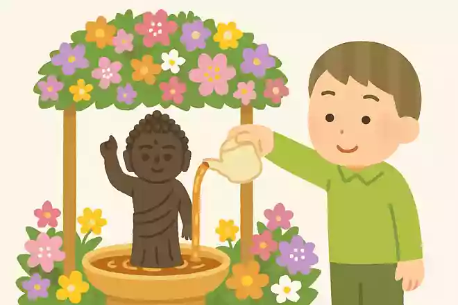花祭りではお釈迦様の像に甘茶をかける