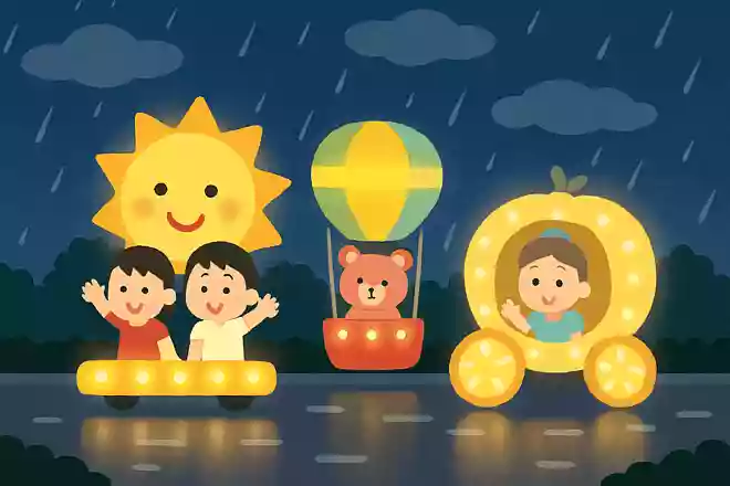 ミニパレードの「ナイトフォール・グロウ」が開催されるときの天気は何でしょう?