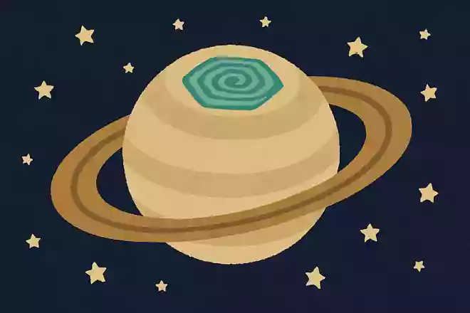 土星の、地球でいう北極にあたる部分にある雲の形は?