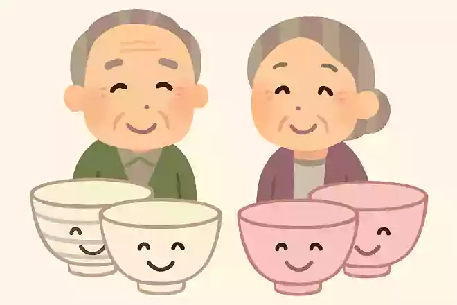 笑顔とかけて、夫婦茶碗2組とときます、その心はどちらもニコニコ(2個2個)です。