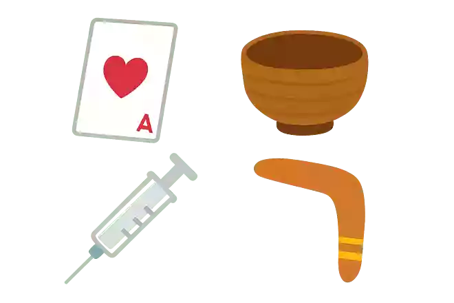 【ある】カード、お椀、注射、ブーメラン【なし】はがき、お箸、お薬、フリスビー