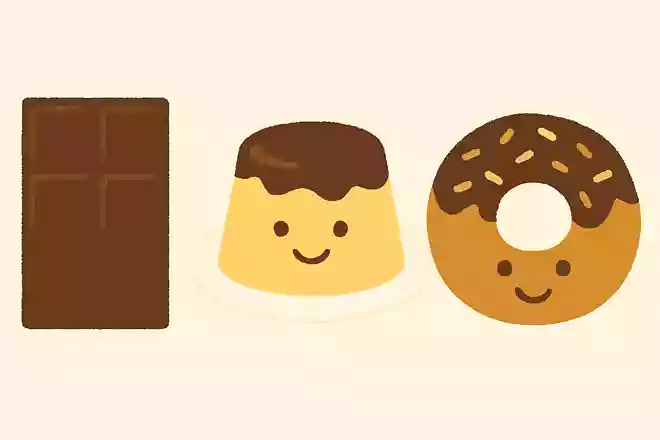チョコレート、プリン、ドーナツのうち、3じのおやつに出てきたのはどれでしょう?