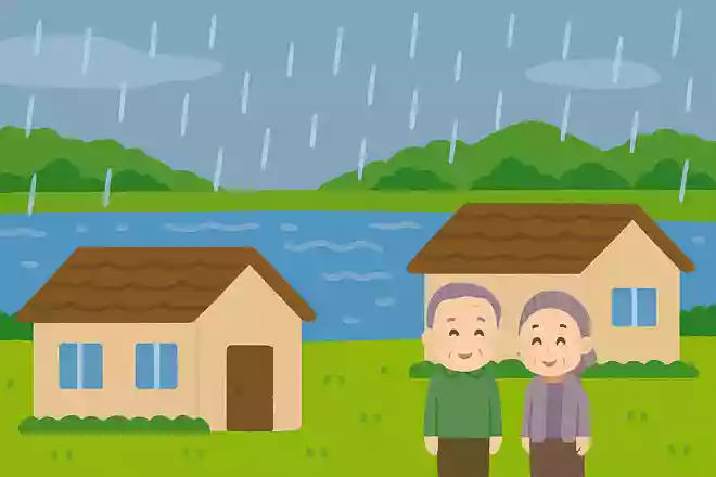 五月雨や 大河を前に 家二軒