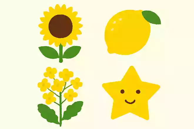 【ある】ひまわり、レモン、菜の花、イチョウ、星【なし】さくら、みかん、チューリップ、もみじ、太陽