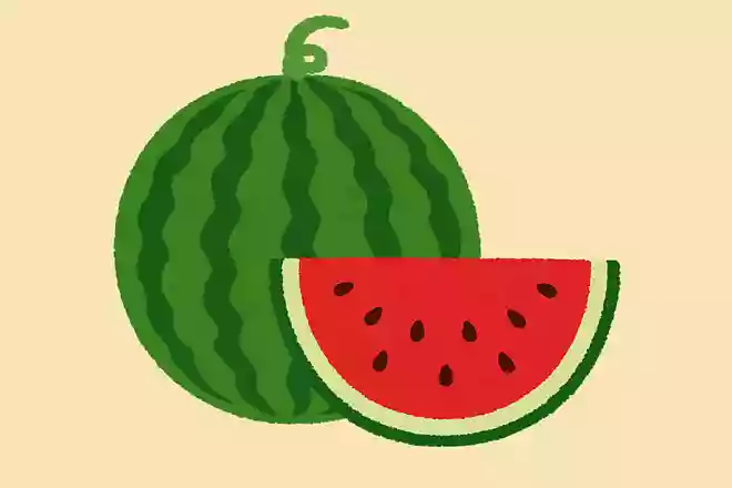 大きな丸くてみどり色のギザギザ柄のお洋服を着ていて中は真っ赤で食べたら甘い夏のくだものはなんでしょう?