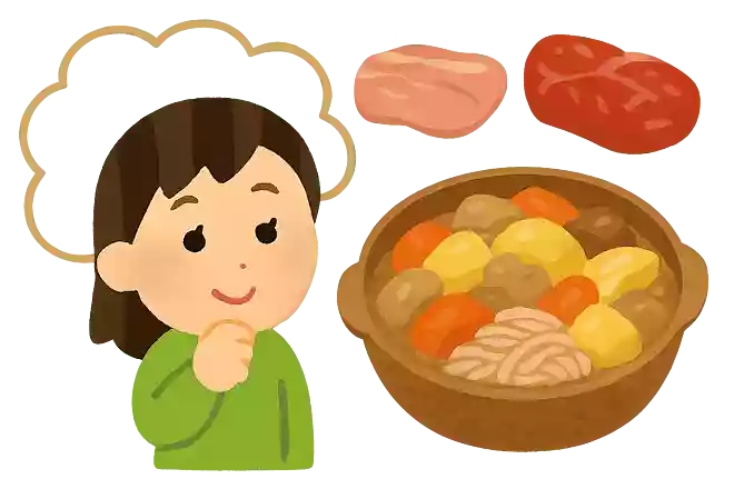 関東では豚肉、関西では牛肉が使われています