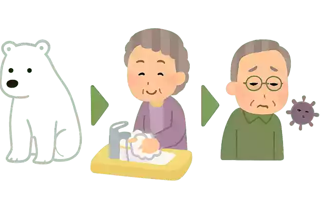 シロクマ→〇〇〇〇→キチジツ→〇〇〇〇→テアライ→〇〇〇〇→ウィルス