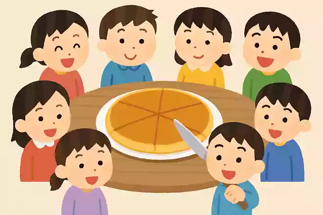 8人の子供と1つのホットケーキがありました。ホットケーキをナイフで切り分けるのは3回だけです。8等分に分けるにはどうしたらいいでしょうか?
