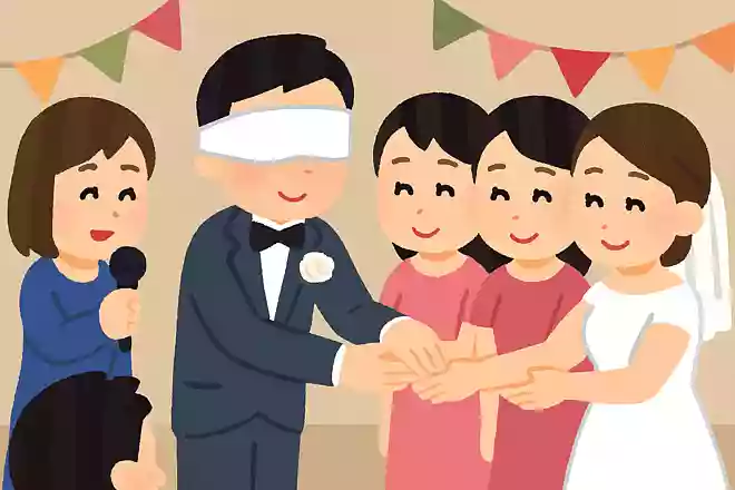 目隠しをして新郎は新婦の手を当てられるか