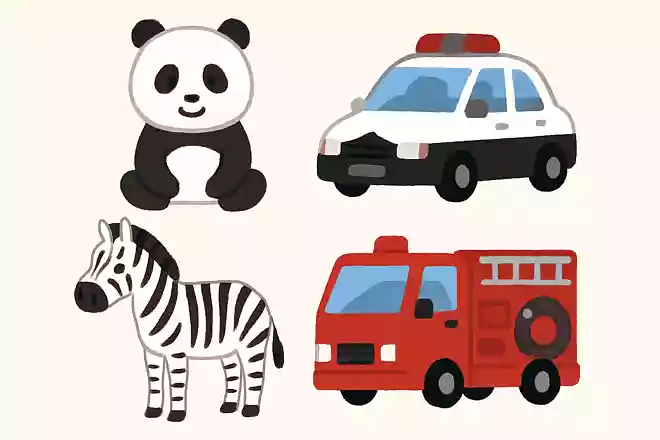 パンダ、パトカー、シマウマ、消防車の中で仲間はずれはどれ?