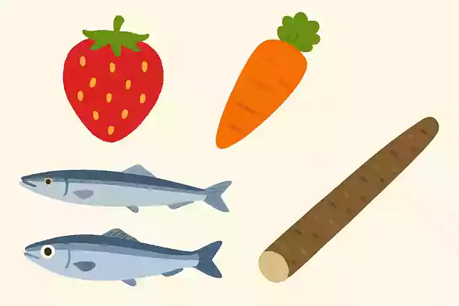 【ある】いちご、にんじん、サンマ、イワシ、ゴボウ【なし】ぶどう、だいこん、サケ、アジ、レンコン
