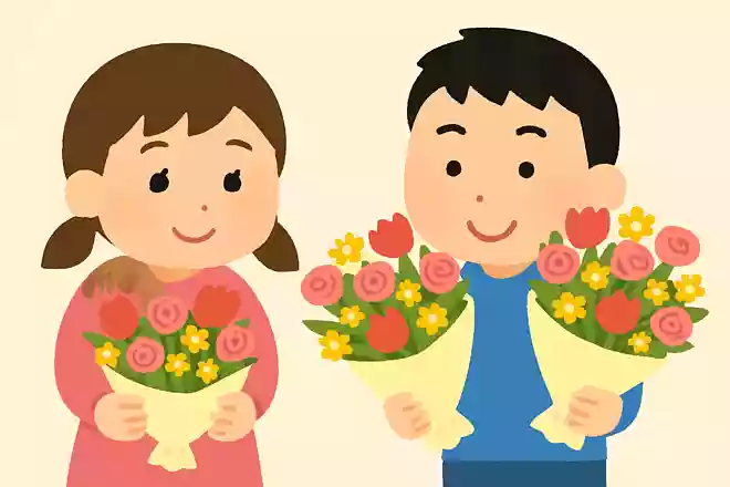 さくらちゃんが花束を2つ持っていました。タケシくんは3つ持っています。合わせると何束?