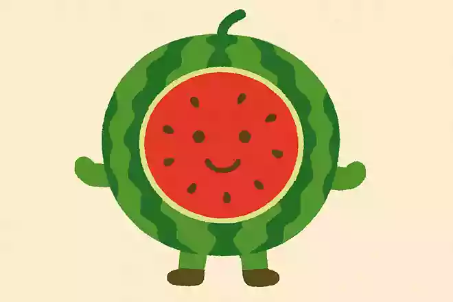 大きな丸くてみどり色のギザギザ柄のお洋服を着ていて中は真っ赤で食べたら甘い夏のくだものはなんでしょう?