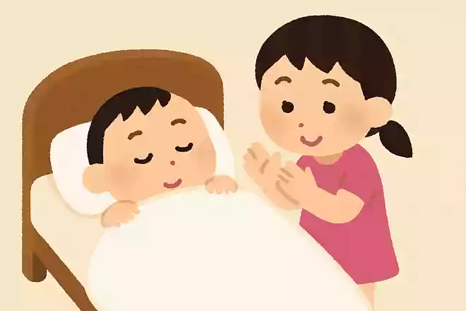 贝贝盖白被, 妹拍贝贝睡。