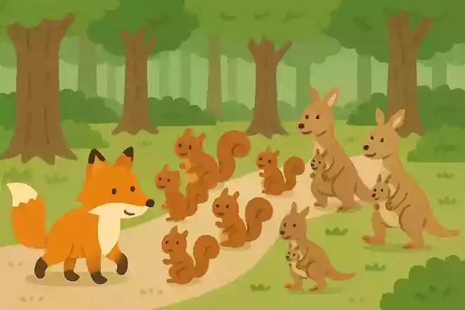 森に向かう1匹のキツネは、7匹のリスを見ました。7匹のリスは森に向かう4匹のカンガルーを見ました。4匹のカンガルーはそれぞれ1匹づつお腹の袋に入れていました。森に向かっている動物は何匹でしょうか?