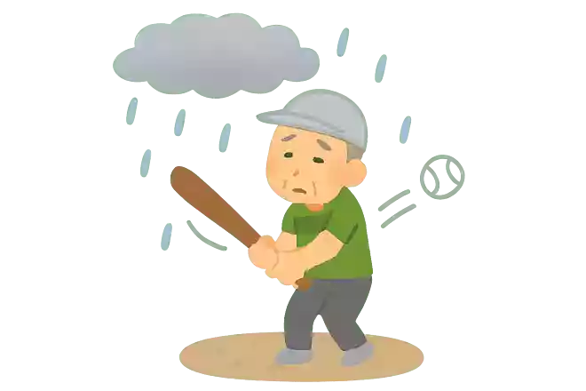 下手なバッターとかけて、雨の日とときます、どちらも打てん(雨天)です。