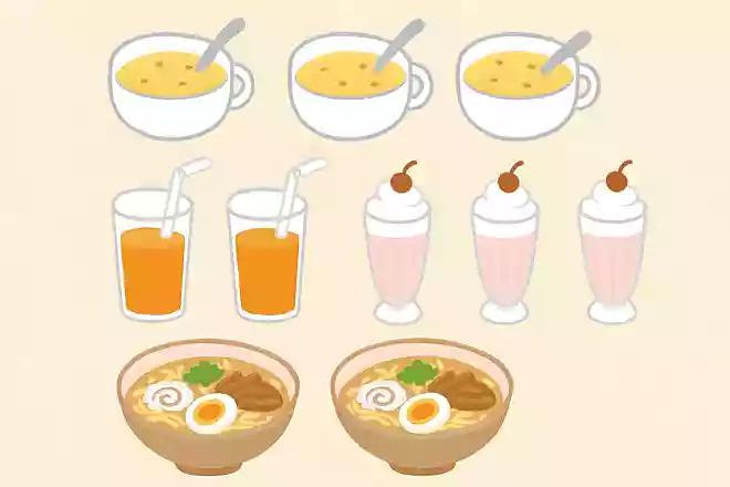 スープ3杯、ジュース2杯、シェイク3杯、ラーメン2杯。全部で何杯?