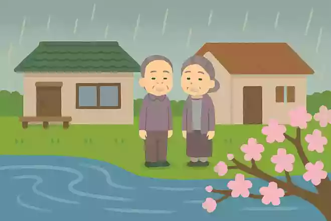 五月雨や 大河を前に 家二軒