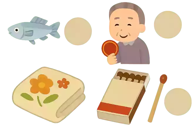 メダカ→〇〇〇→メンコ→〇〇〇→モウフ→〇〇〇→マッチ