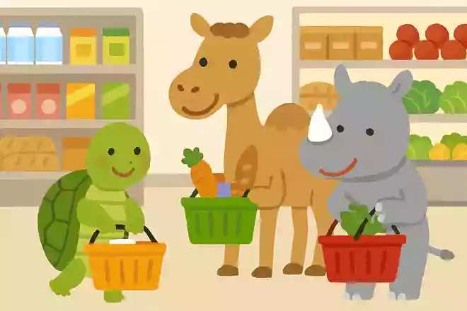 カメとラクダとサイがかいものをしています。何をかうのでしょうか?NEW!