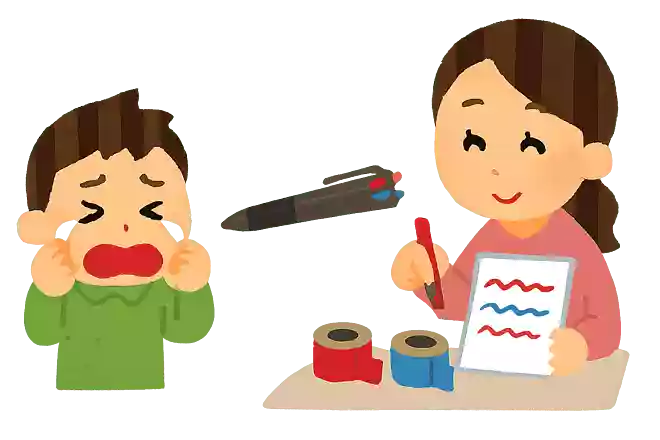 三郎くんは、お母さんから「赤、青、黒」の3色ボールペンをもらいました。嬉しくてたくさん文字を書いていましたが、壊れてしまったようです。赤と青のペン先が出でなくなり書けません。三郎くんが「赤い文字と青い文字を書きたい」と泣いたら、お母さんはある方法で、問題を解決したようです。どのような方法で、書けるようになったのでしょうか?