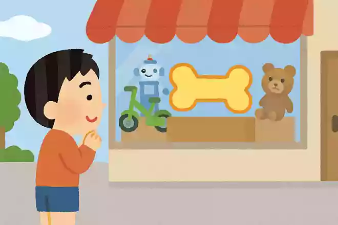 おもちゃ屋さんに次郎君のほしいものがあり、お店の外からも見える場所に飾られてありました。何時間も見ていたらあるものをくれました。それは何でしょうか?