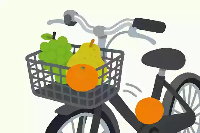 自転車のカゴにブドウ、ナシ、ミカンが乗せてあります。ブレーキをかけたときに落ちたものは何でしょうか?
