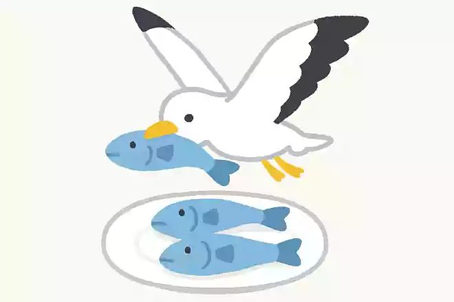 お皿に4匹の魚を置いておきました。カモメが飛んできて、1匹くわえていきました。お皿の上には、今何匹の魚が置いてあるでしょうか?
