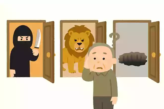 目の前に3つの扉があり、どれか一つを選んで進まなければなりません。1つめの扉の向こうには包丁を持った暗殺者がおり、入って来た人を切り刻もうとしています。2つめの扉の向こうには6カ月食事をしていないライオンがいます。そして3つめの扉の向こうには飛び越えられない深い穴があります。生き延びるために、どの扉を選べばよいでしょうか?NEW!