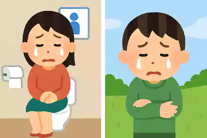 いまにも泣きそうな人がいます。1人はトイレにいますが、もう1人はどこにいる？NEW!
